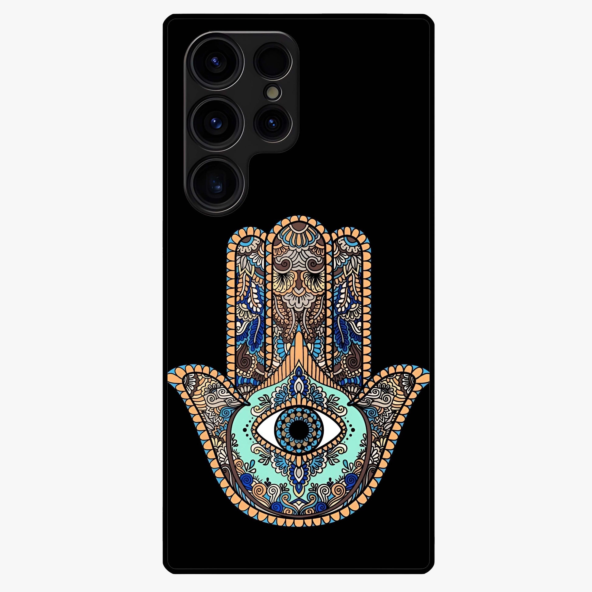 Mystic Hamsa Eye Glass Case showing flat back view with protective hamsa hand and evil eye artwork and glossy glass finish.