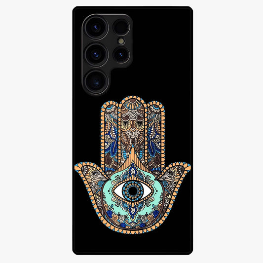 Mystic Hamsa Eye Glass Case showing flat back view with protective hamsa hand and evil eye artwork and glossy glass finish.