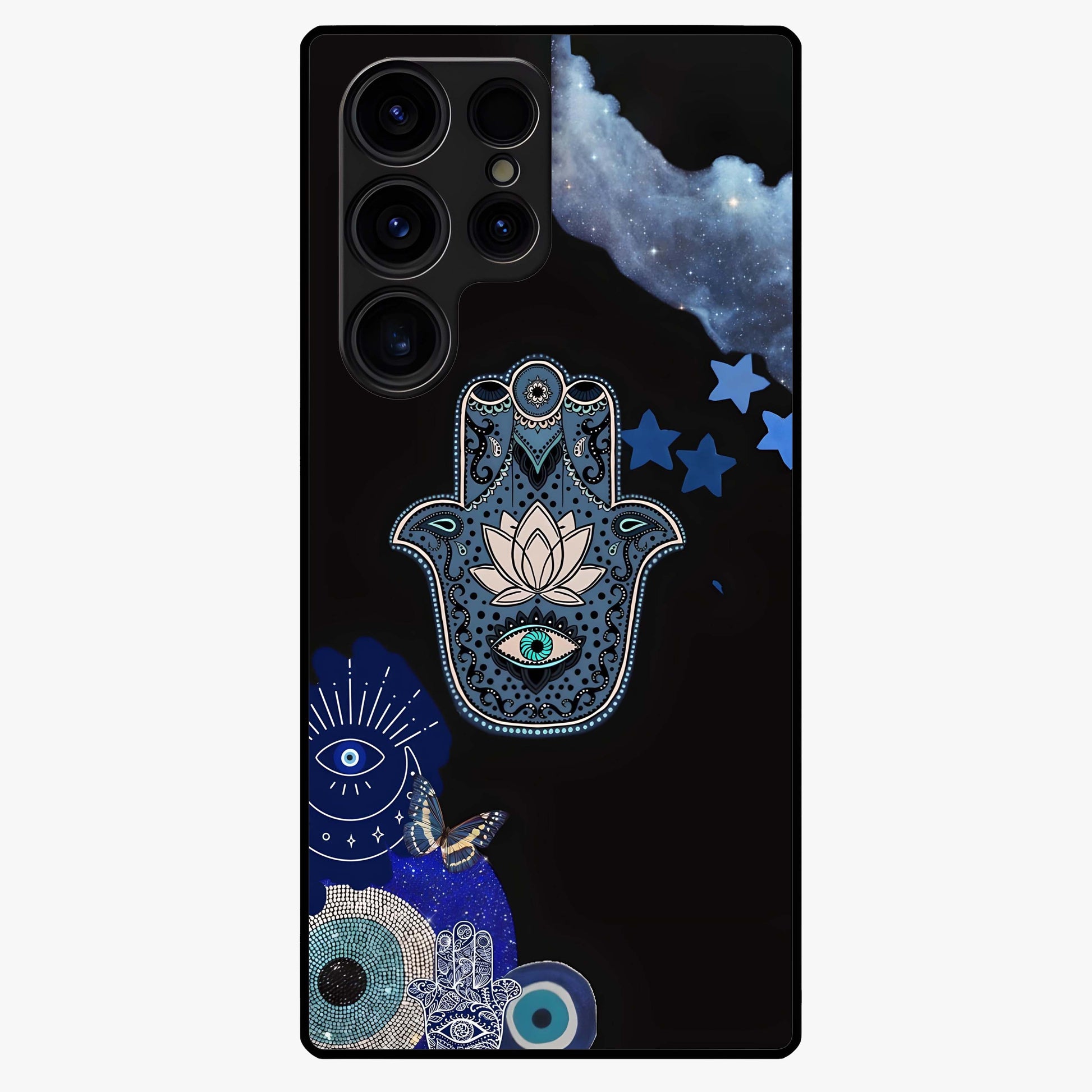 Mystic Hand Aura Glass Case showing flat back view with mystical hand symbol artwork and glossy glass finish.
