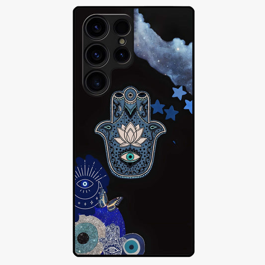 Mystic Hand Aura Glass Case showing flat back view with mystical hand symbol artwork and glossy glass finish.