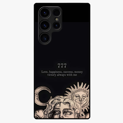 Mystic Victory Aura Glass Case showing flat back view with victory symbol artwork and glossy glass finish.
