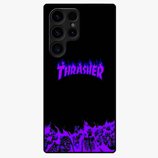 Neon Flame Riot Glass Case showing flat back view with neon flame artwork and glossy glass finish.