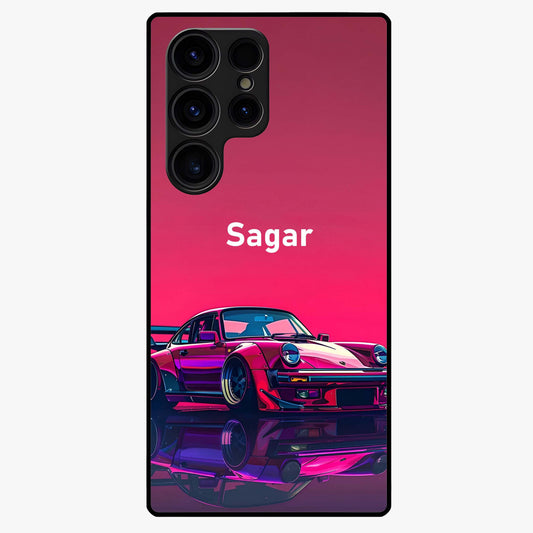 Neon Pink Porsche Glass Case showing flat back view with stylish sports car artwork and glossy glass finish.