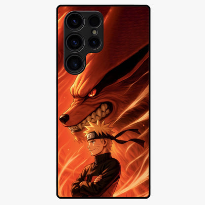 Nine Tails Legacy Glass Case showing flat back view with powerful nine-tailed fox inspired artwork and glossy glass finish.