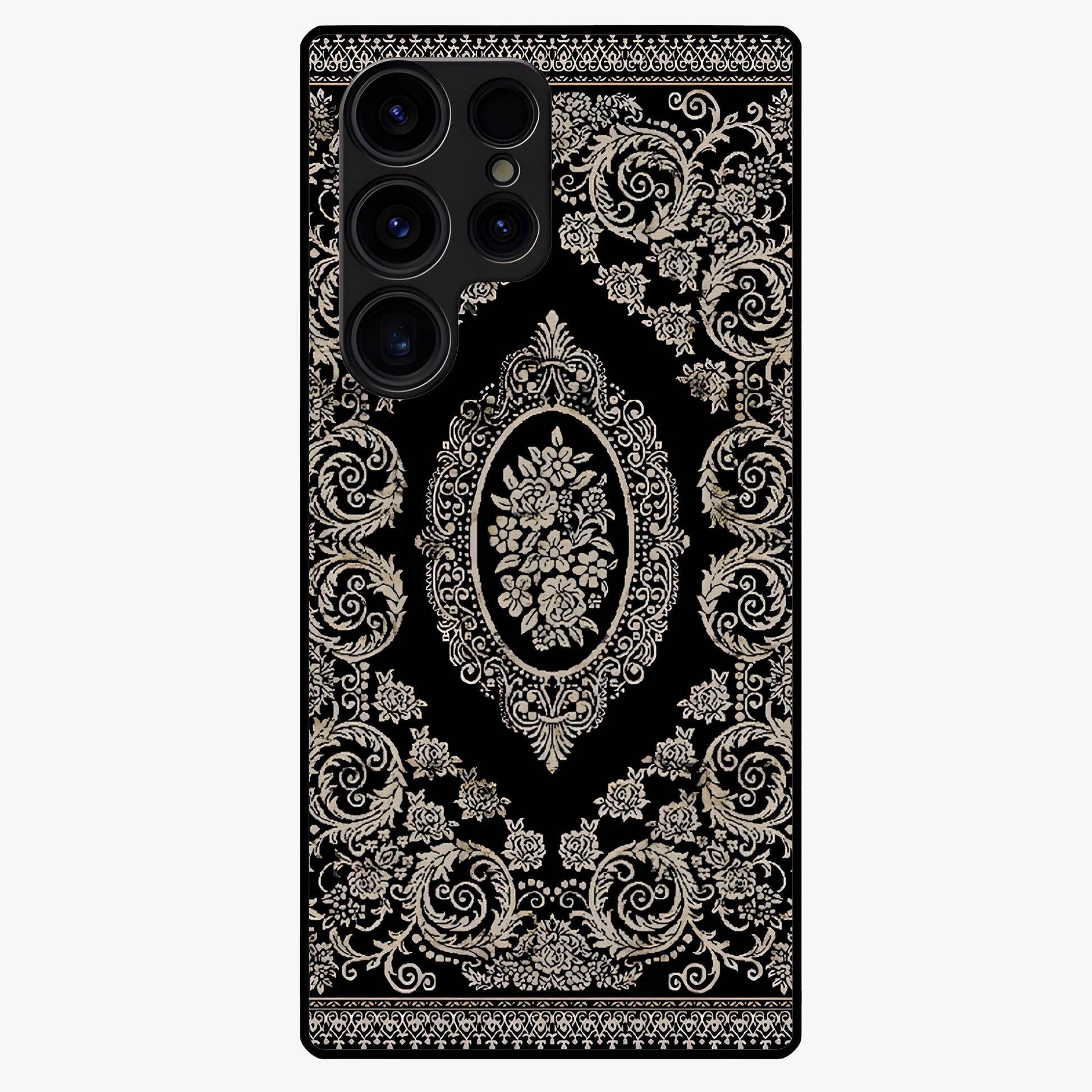 Noir Bloom Elegance Glass Case showing flat back view with elegant dark floral artwork and glossy glass finish.