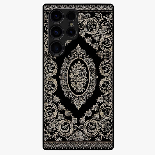 Noir Bloom Elegance Glass Case showing flat back view with elegant dark floral artwork and glossy glass finish.