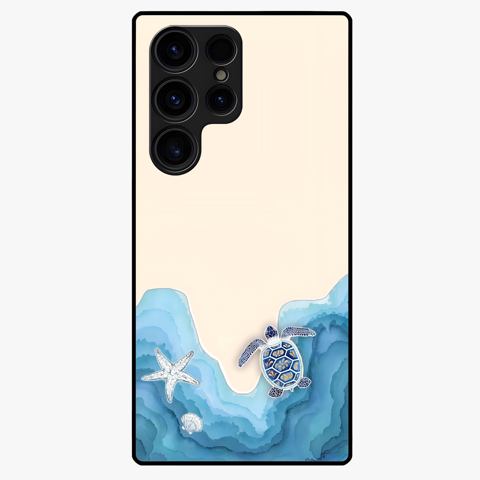 Ocean Drift Turtle Glass Case showing flat back view with sea turtle artwork and glossy glass finish.