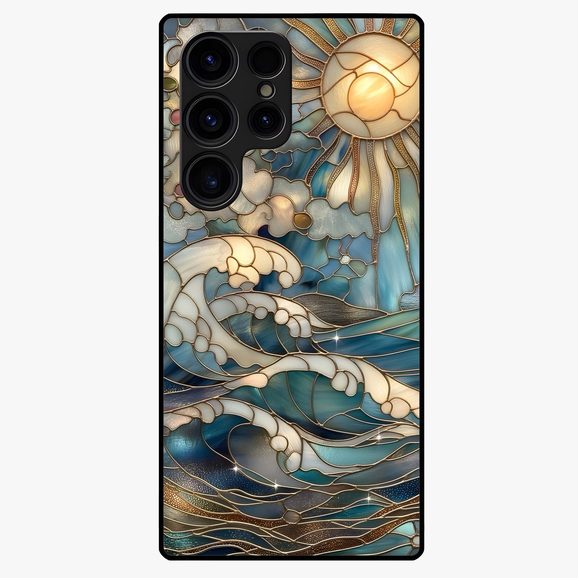 Oceanic Stained Printed Glass Case showing flat back view with ocean inspired stained pattern artwork and glossy glass finish.
