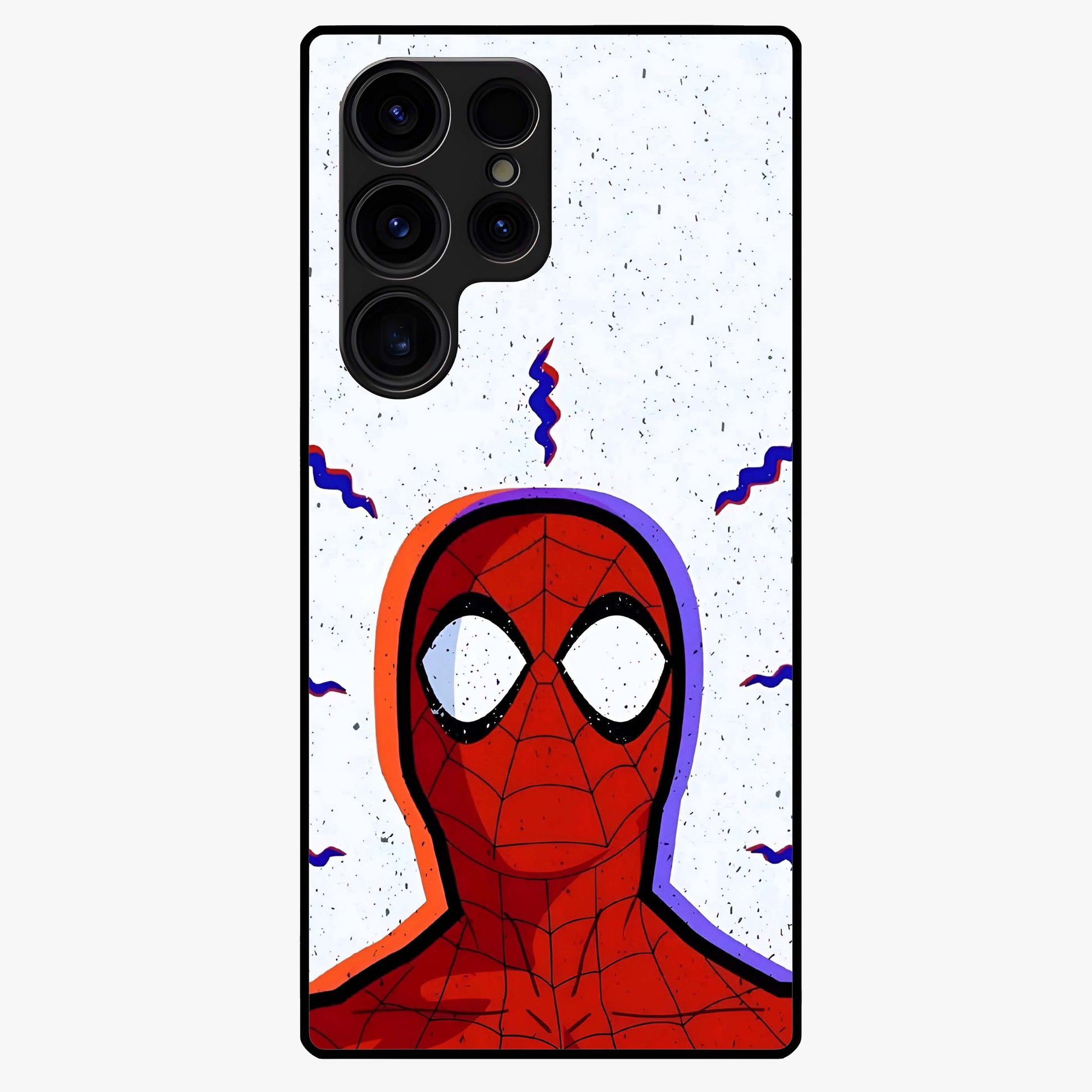 Omg Spiderman Glass Case showing flat back view with bold superhero inspired artwork and glossy glass finish.