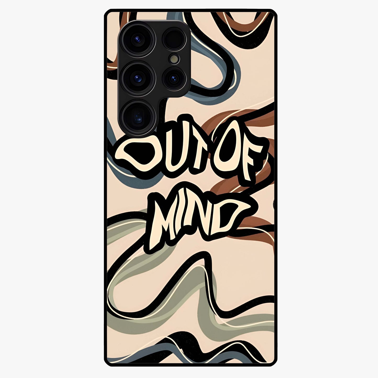 Out Of Mind Glass Case showing flat back view with expressive typography artwork and glossy glass finish.