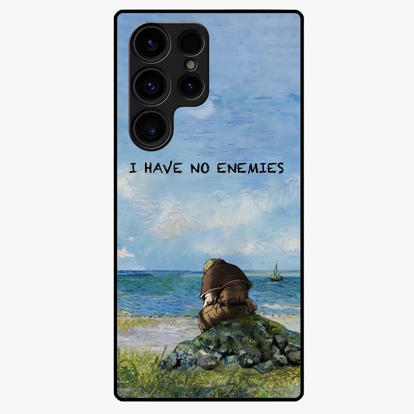 Peace Beyond War Glass Case showing flat back view with symbolic peace themed artwork and glossy glass finish.