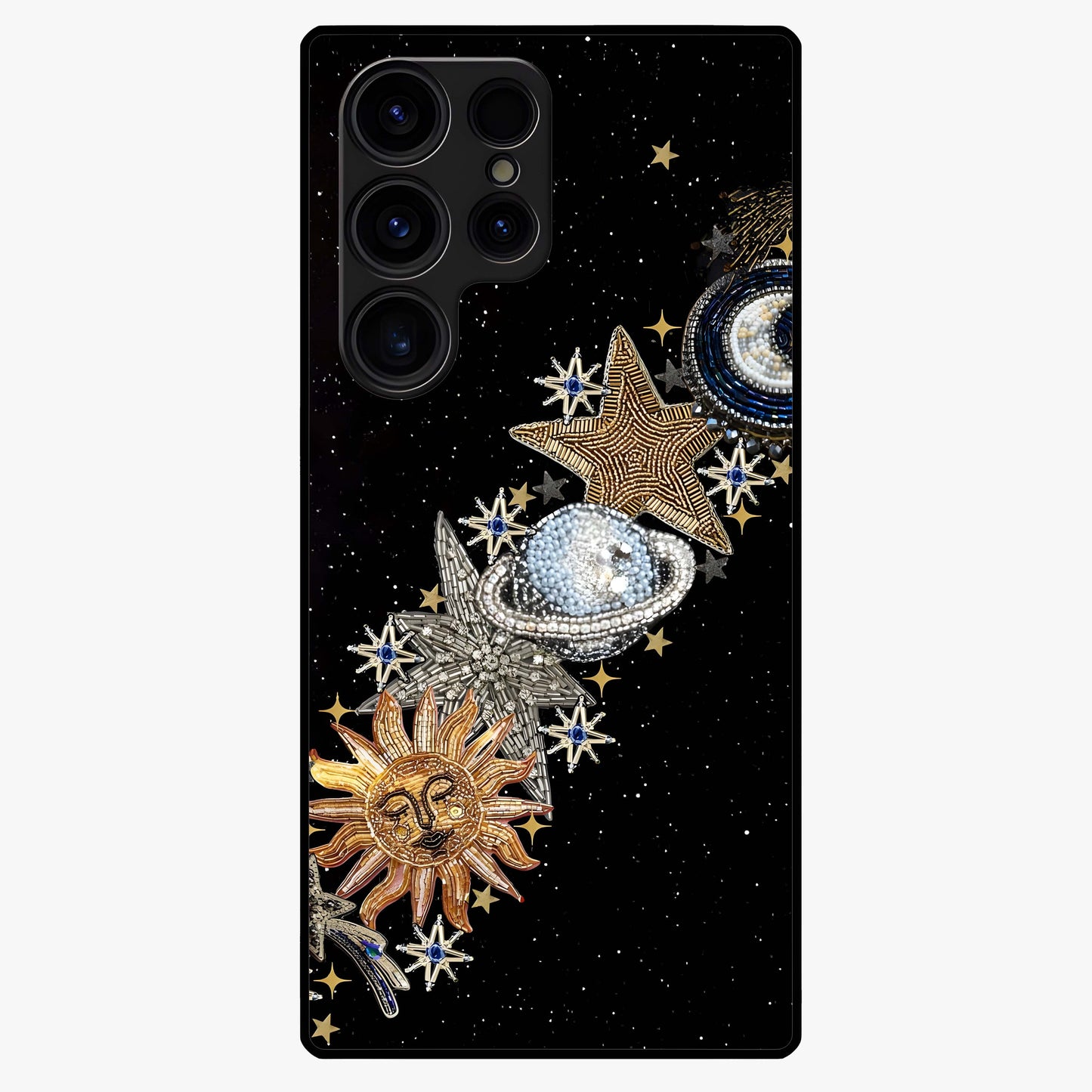 Pearls Universe Object Glass Case showing flat back view with pearl inspired cosmic artwork and glossy glass finish.