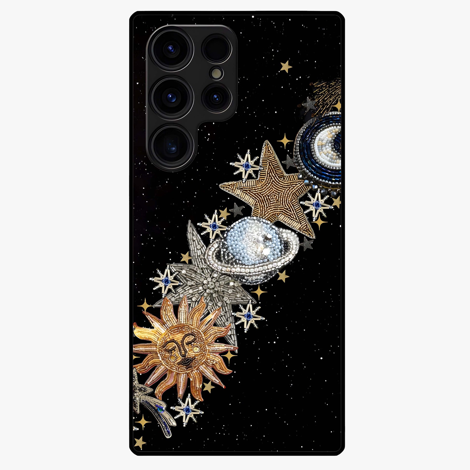 Pearls Universe Object Glass Case showing flat back view with pearl inspired cosmic artwork and glossy glass finish.