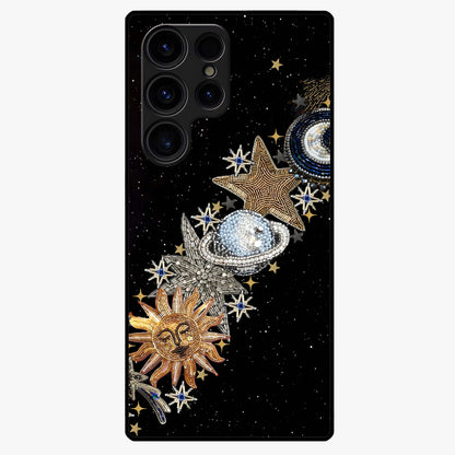 Pearls Universe Object Glass Case showing flat back view with pearl inspired cosmic artwork and glossy glass finish.
