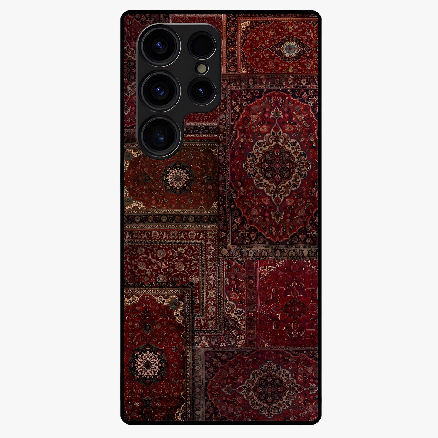 Persian Velvet Tale Glass Case showing flat back view with luxurious Persian velvet pattern artwork and glossy glass finish.