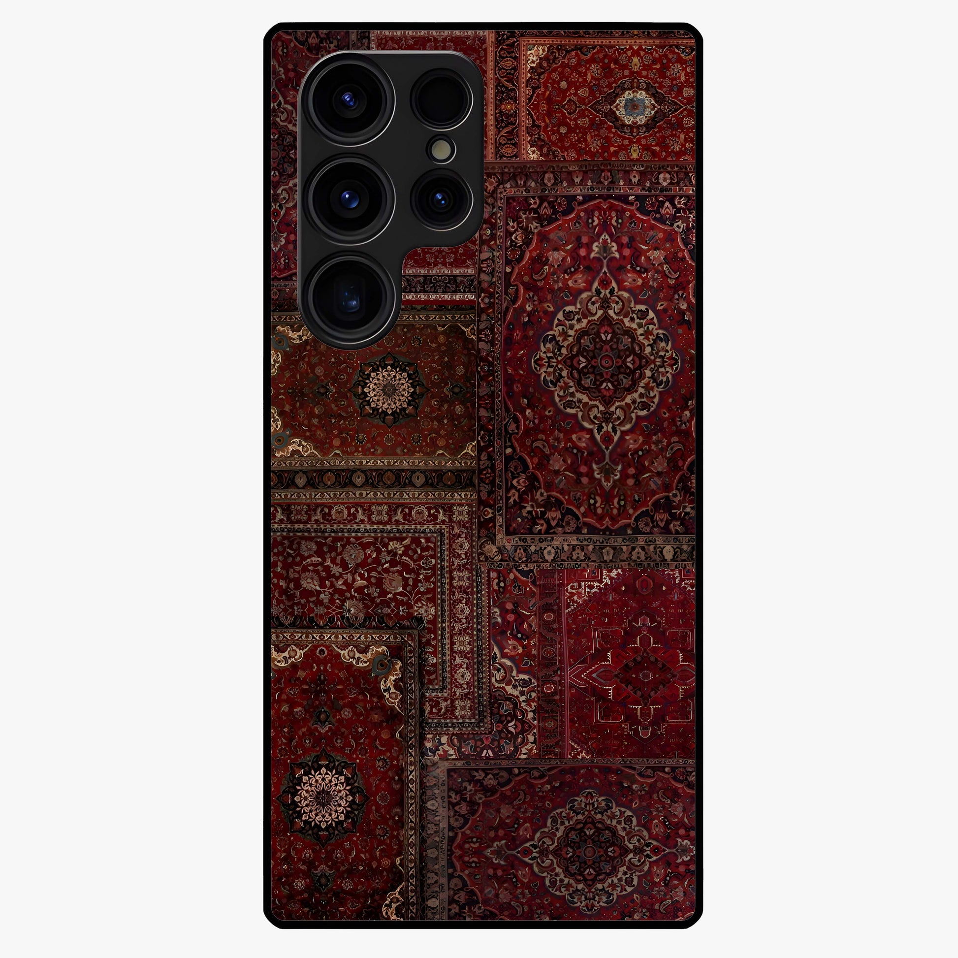Persian Velvet Tale Glass Case showing flat back view with luxurious Persian velvet pattern artwork and glossy glass finish.