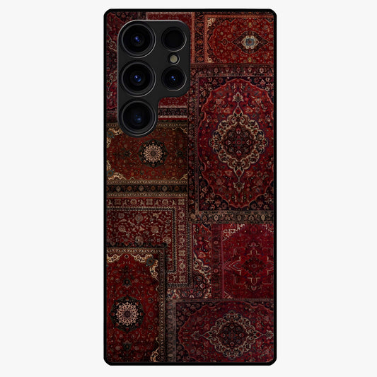 Persian Velvet Tale Glass Case showing flat back view with luxurious Persian velvet pattern artwork and glossy glass finish.