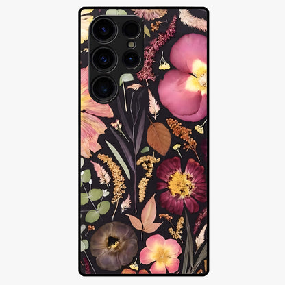 Petal Dream Tapestry Glass Case showing flat back view with intricate floral tapestry artwork and glossy glass finish.