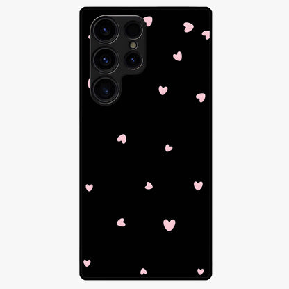 Pink Love Drops Glass Case showing flat back view with playful pink heart drops artwork and glossy glass finish.