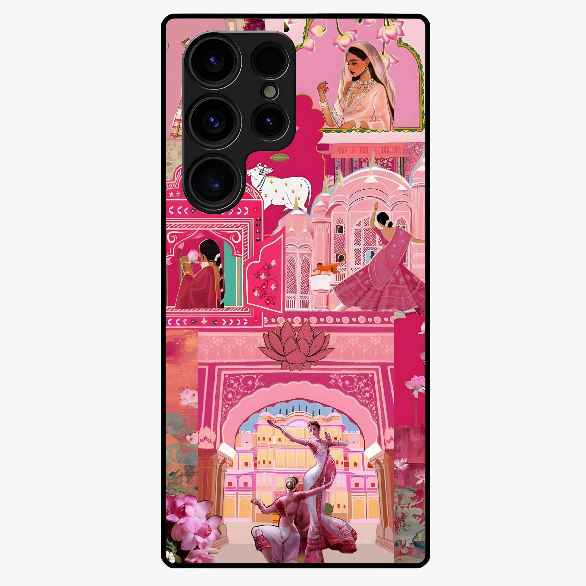 Pink Palace Muse Glass Case showing flat back view with elegant palace inspired artwork and glossy glass finish.