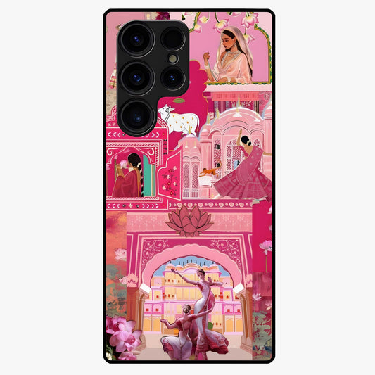 Pink Palace Muse Glass Case showing flat back view with elegant palace inspired artwork and glossy glass finish.