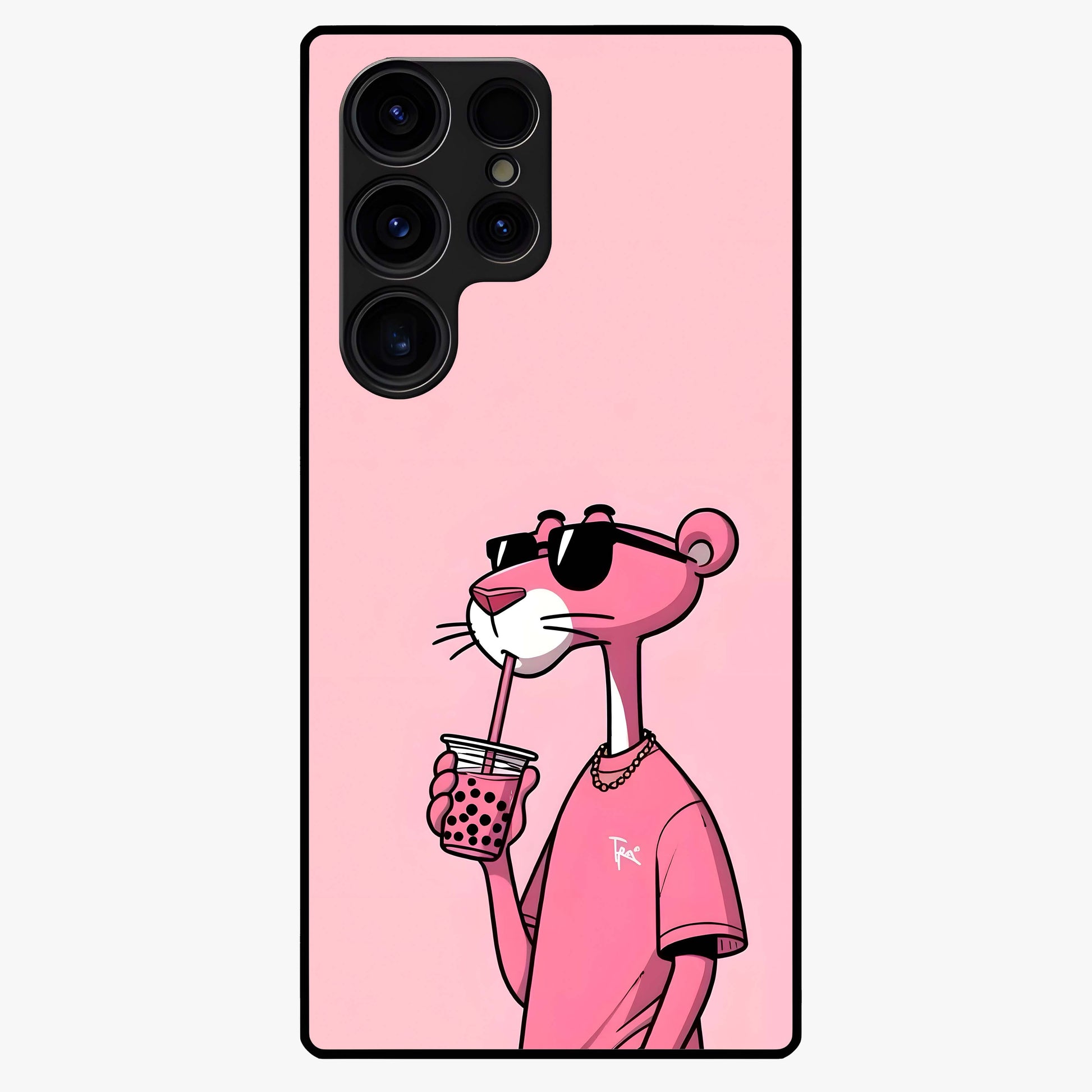 Pink Panther Glass Case showing flat back view with iconic pink panther artwork and glossy glass finish.