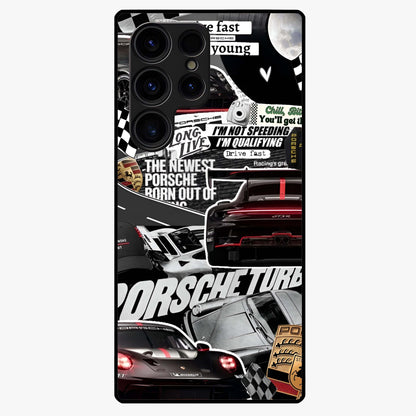 Porsche Racing Collage Glass Case showing flat back view with sports car racing collage artwork and glossy glass finish.