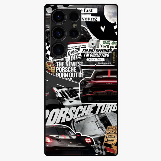 Porsche Racing Collage Glass Case showing flat back view with sports car racing collage artwork and glossy glass finish.