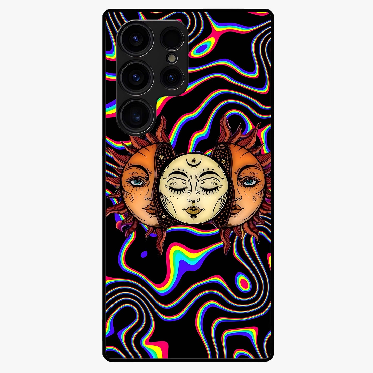 Psychedelic Sun Glass Case showing flat back view with colorful psychedelic sun artwork and glossy glass finish.