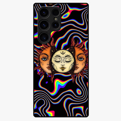 Psychedelic Sun Glass Case showing flat back view with colorful psychedelic sun artwork and glossy glass finish.