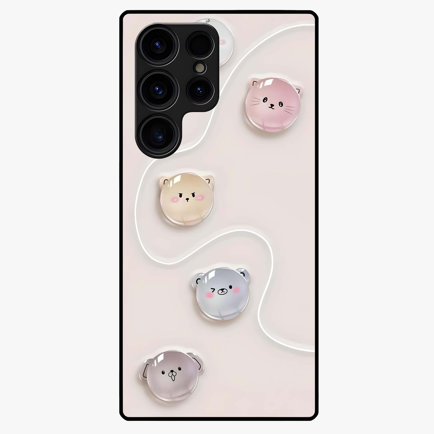 Puffy Face Parade Glass Case showing flat back view with cute puffy character faces artwork and glossy glass finish.