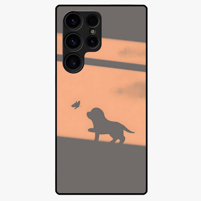 Puppy Shadow Art Glass Case showing flat back view with cute puppy shadow style artwork and glossy glass finish.