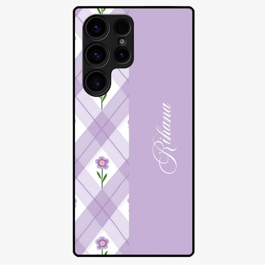 Purple Diamond Floral Glass Case showing flat back view with diamond shaped floral artwork and glossy glass finish.