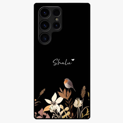 Quiet Garden Tune Custom Name Glass Case showing flat back view with peaceful garden artwork and personalized name design.