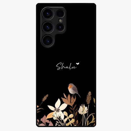 Quiet Garden Tune Custom Name Glass Case showing flat back view with peaceful garden artwork and personalized name design.