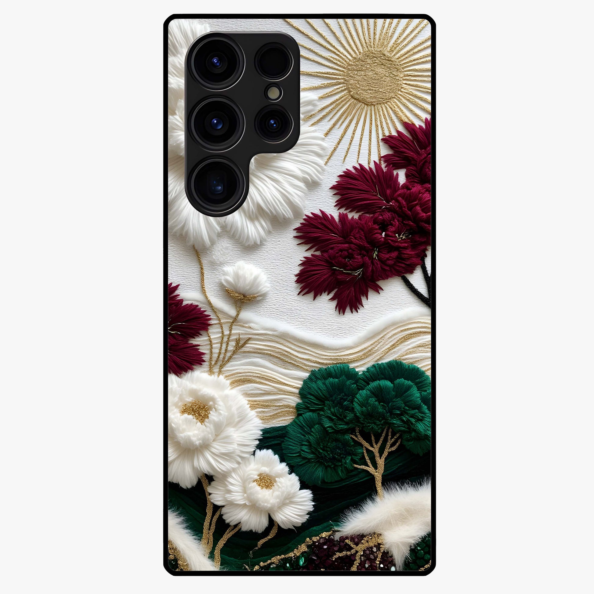 Radiant Bloom Elegance Glass Case showing flat back view with elegant blooming flower artwork and glossy glass finish.