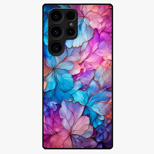 Radiant Floral Whirl Glass Case showing flat back view with swirling floral artwork and glossy glass finish.