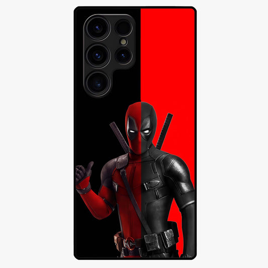 Red & Black Deadpool Theme Glass Case showing flat back view with bold comic inspired artwork and glossy glass finish.