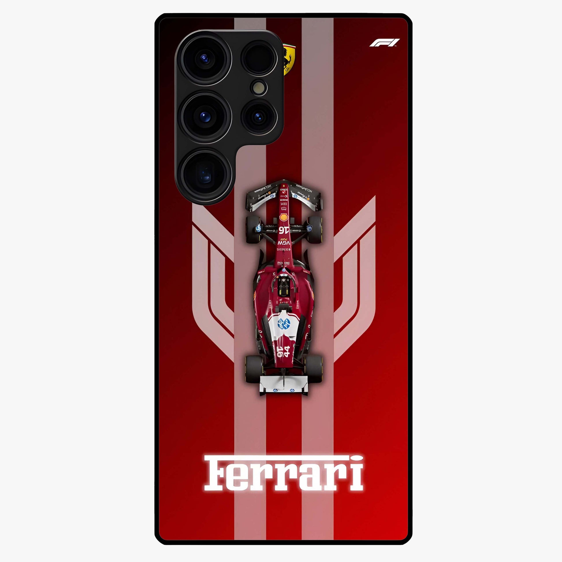 Red Ferrari F1 Vertical Glass Case showing flat back view with sleek Formula racing car artwork and glossy glass finish.