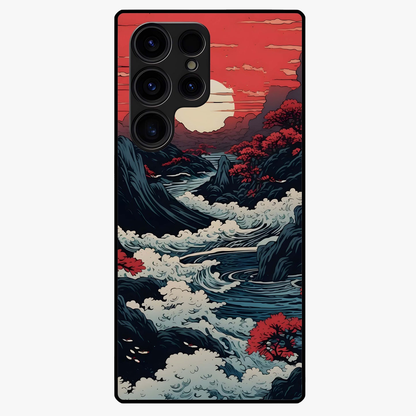 Red Sunset Scenery Glass Case showing flat back view with vibrant sunset landscape artwork and glossy glass finish.