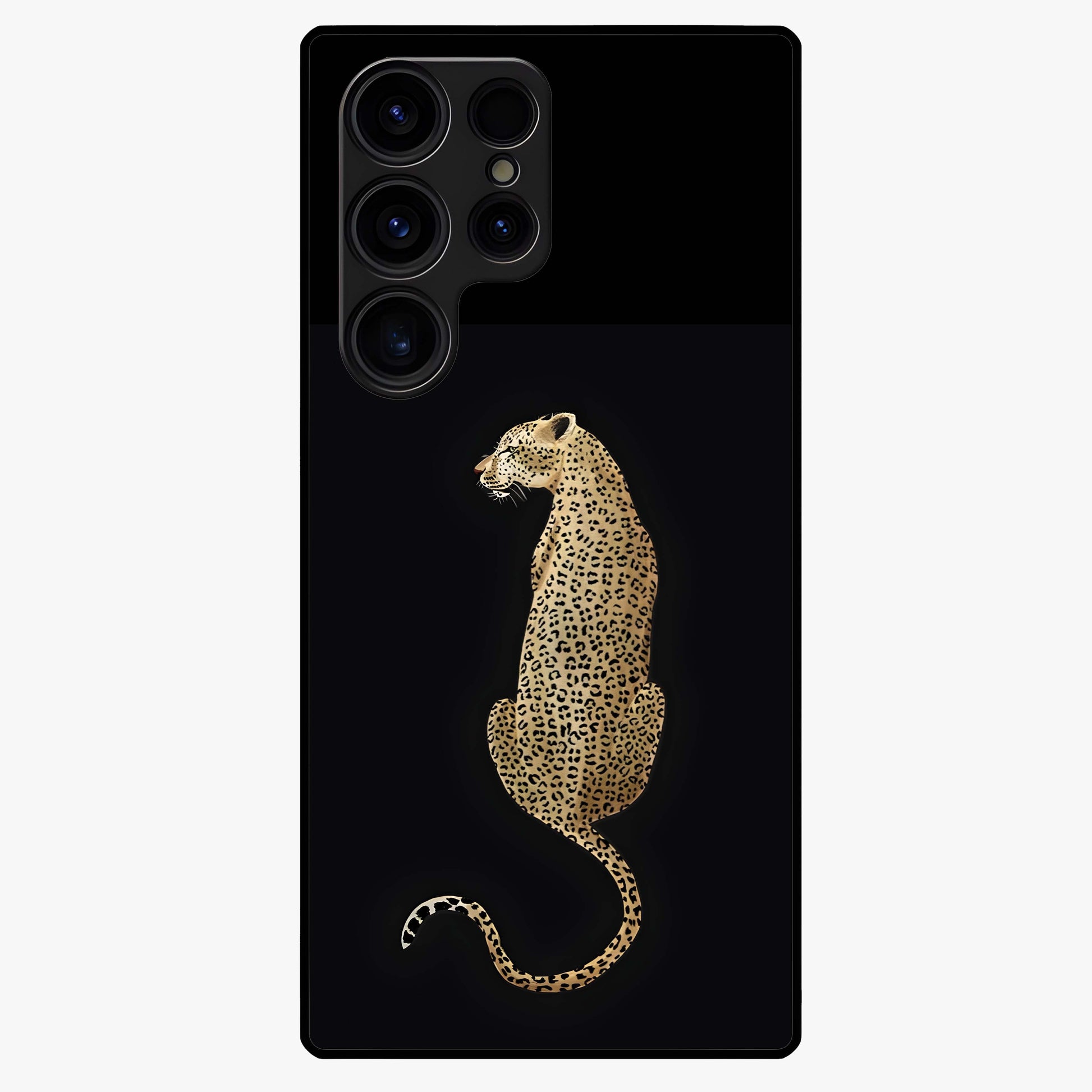 Regal Leopard Glass Case showing flat back view with bold leopard artwork and glossy glass finish.