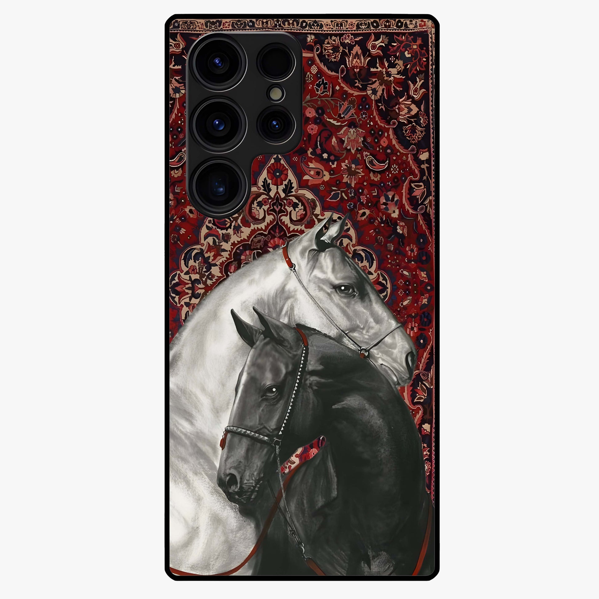 Regal Stallion Tapestry Glass Case showing flat back view with majestic horse tapestry artwork and glossy glass finish.