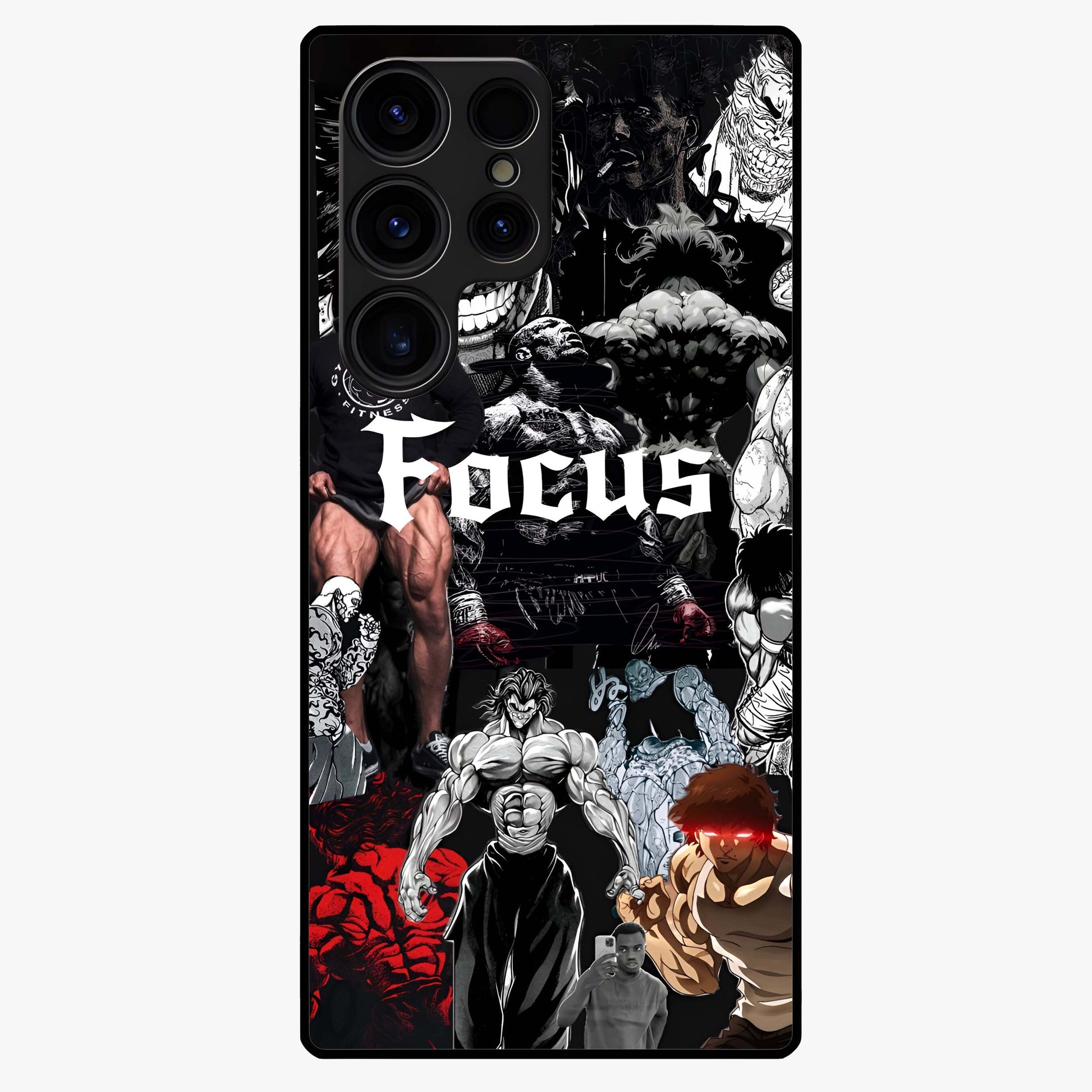 Relentless Power Focus Glass Case showing flat back view with motivational typography artwork and glossy glass finish.