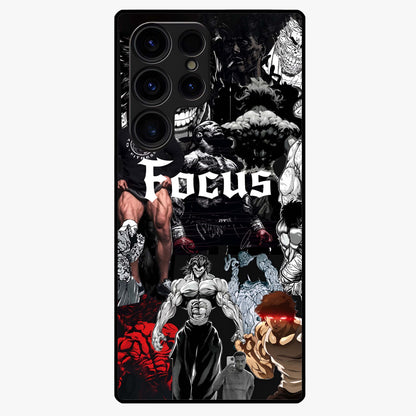 Relentless Power Focus Glass Case showing flat back view with motivational typography artwork and glossy glass finish.