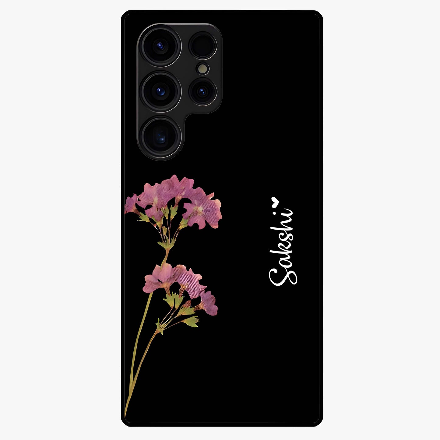 Riching Lavender Flower Custom Name Glass Case showing flat back view with lavender floral artwork and personalized name design.