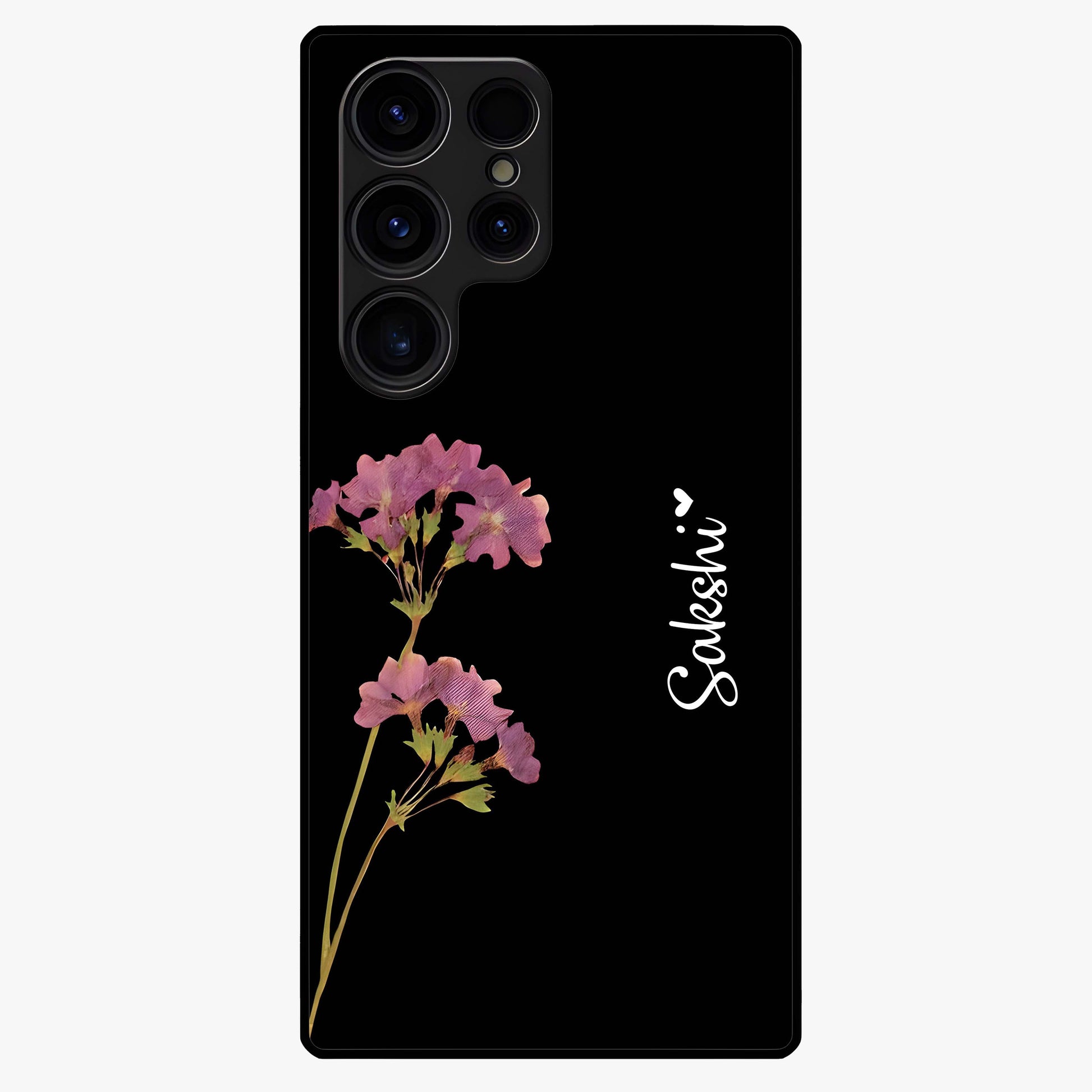 Riching Lavender Flower Custom Name Glass Case showing flat back view with lavender floral artwork and personalized name design.