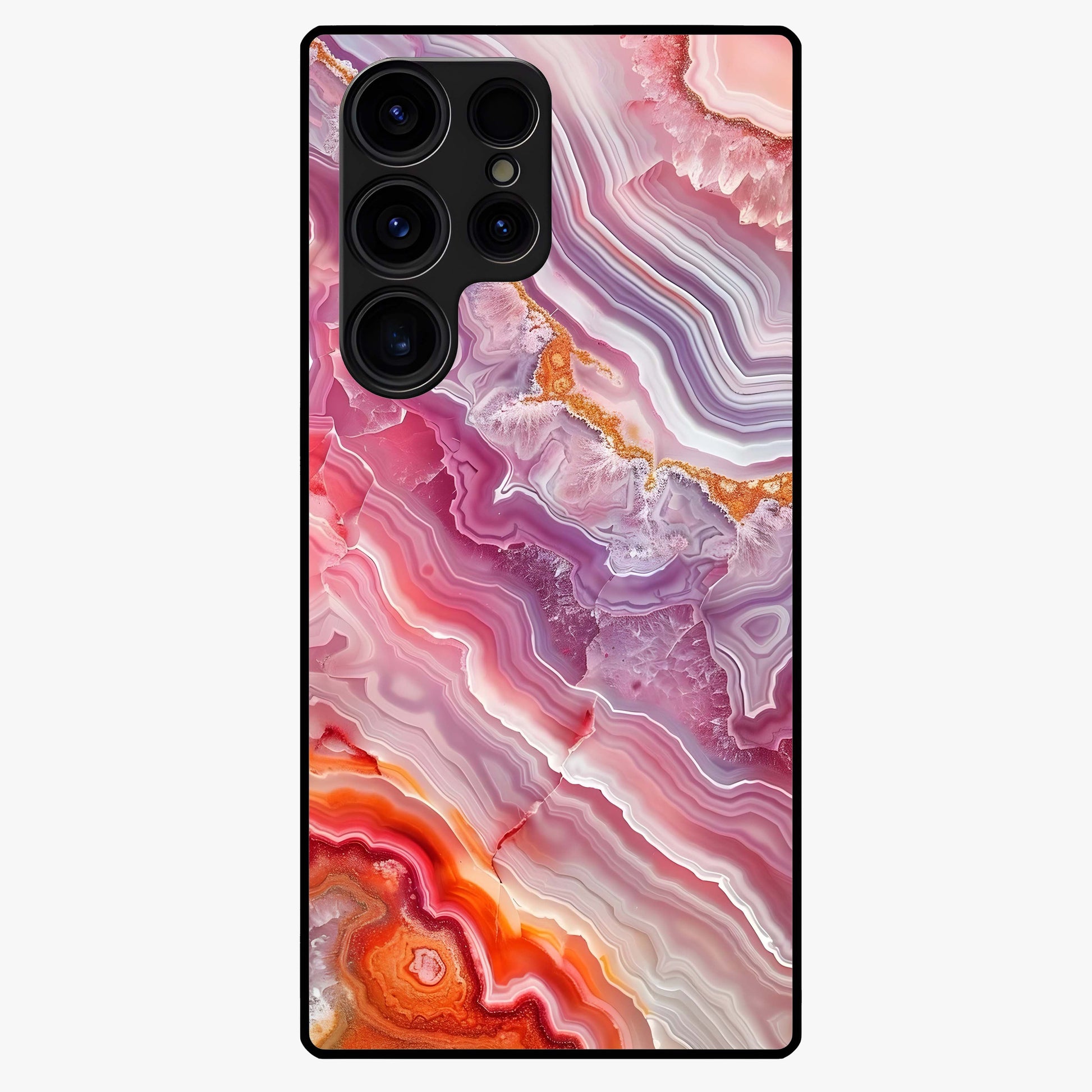Rose Quartz Marble Glass Case showing flat back view with pink marble quartz texture artwork and glossy glass finish.