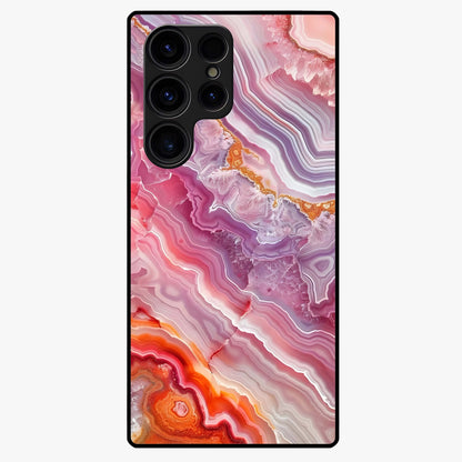 Rose Quartz Marble Glass Case showing flat back view with pink marble quartz texture artwork and glossy glass finish.