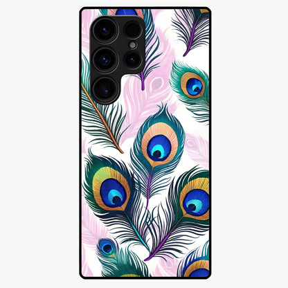 Royal Peacock Feathers Glass Case showing flat back view with colorful peacock feather artwork and glossy glass finish.