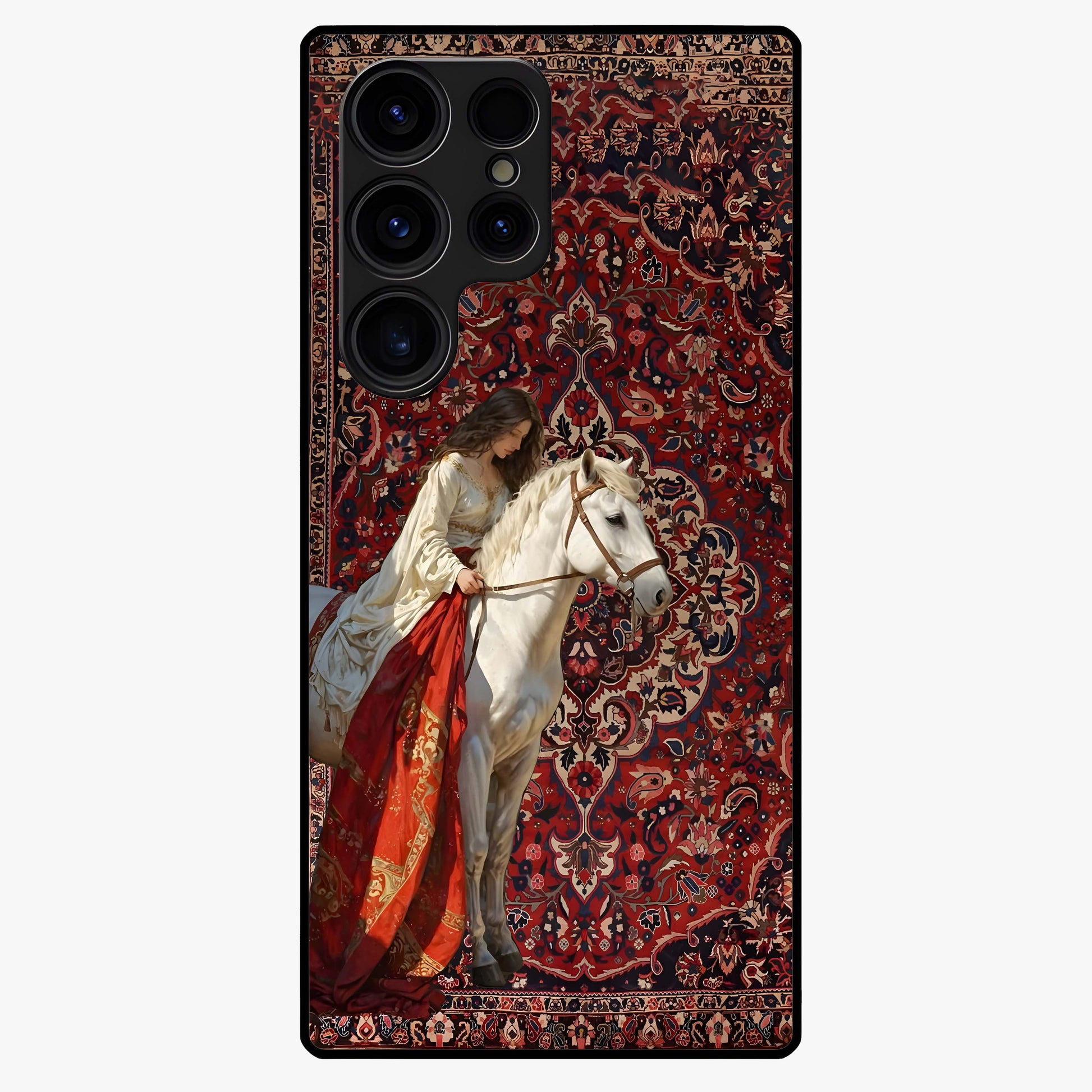 Royal Rider Tapestry Glass Case showing flat back view with majestic horse rider tapestry artwork and glossy glass finish.